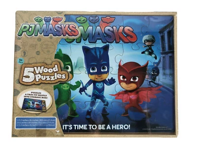 PJ Masks  Set Of 5 Wood Puzzles With Tray/Storage Box by Cardinal New Sealed - Image 1 of 3