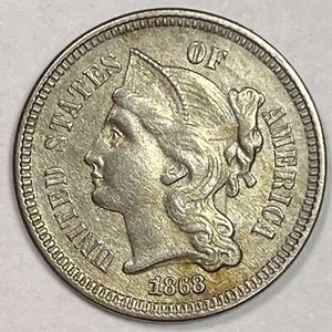 1868 Three Cent Nickel Choice Almost Uncirculated AU+ Coin #20134 - Picture 1 of 3