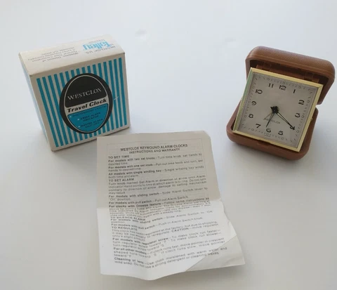 VTG 1979 Westclox Tourino Folding Case Travel Alarm Clock Tan Box Papers PARTS Cover