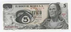 Mexiko 5 Pesos 3-12-1969 Pick 62.a UNC Stempelglanz Serie 1A Serial A00206-- - Bild 1 von 2
