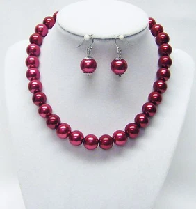 12mm Red Glass Pearl Choker Necklace/Earrings Set  - Picture 1 of 12