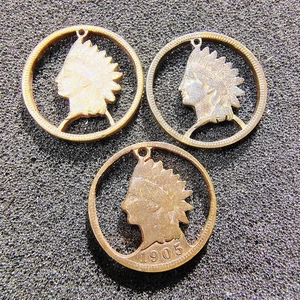 Lot of 3 - 1859-1909 Cut Out Indian Head Cents - Nice Toning - Charm Ear Ring - Picture 1 of 15