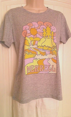 MERRELL, Heather Gray Groovy Pop Art Graphic Print T-Shirt, Crew Neck, M, NWOT - Image 1 of 4