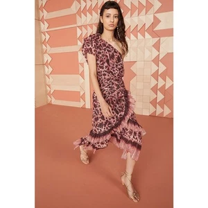 Vestido Ulla Johnson Anja Un Hombro Estampado Volantes Mezcla Seda Rojo Talla 2 - Imagen 1 de 12