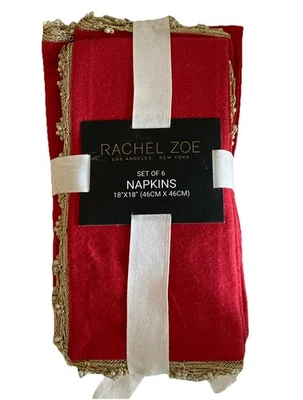 Rachel Zoe Set 6 Cloth Cotton Napkins Red Sparkle Gold Edge With Pearls NEW - Image 1 of 4