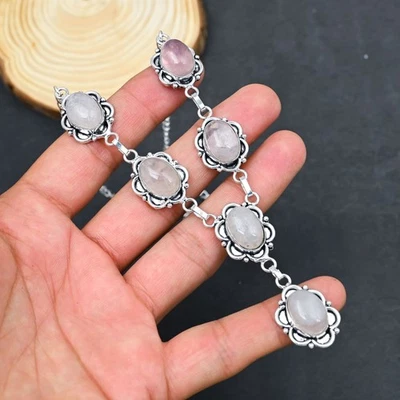 Quarzo Rosa Gemma Artigianale 925 Argento Sterling Gioielli Collana - Immagine 1 di 4