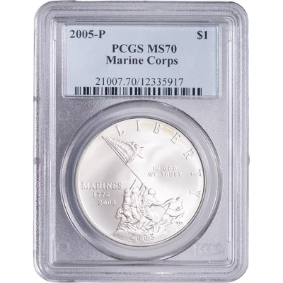 2005-P $1 Marine Corps Silver Commemorative ~ PCGS MS70 - Slight Toning - Image 1 of 2