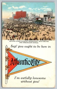 Vintage Atlantic City Beach Scene Postcard Ritz-Carlton Ambassador Hotels - Picture 1 of 2