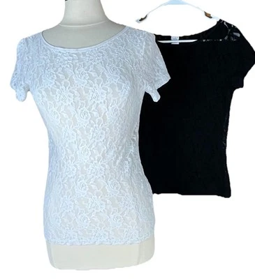 Hanky Panky (Sz L) Black & White (Set Of 2) Lace Sheer Short Sleeve Tops 48T101 - Image 1 of 4