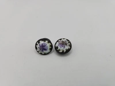 Vintage Sterling Hand Painted Buttons Purple Flower - Image 1 of 4