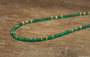 Natural Emerald Faceted Gemstone Strand Necklace 14k Gold Over Beads & Clasp 18'