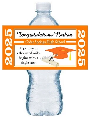 Naranja y Blanco GRADUACIÓN FIESTA FAVORES BOTELLAS AGUA ETIQUETAS Clase de 2025 Foto 1 de 2