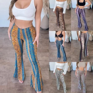 Women High Waist Boho Floral Flared Pants Ladies Holiday Bell Bottoms Trousers - Picture 1 of 27