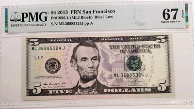 United States-Federal Reserve 5 Dollars 2013 Fr#1996-L (MLJ Block) Grade 67 EPQ  - Image 1 of 4