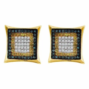 10k Yellow Gold Mens Blue Color Enhanced Diamond Square Cluster Earrings - Picture 1 of 1
