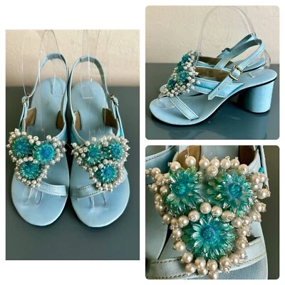 RARE VTG 60s 70s Vagabonds Baby Blue Beaded Sandals Heels Retro Twiggy MCM 6.5 - Image 1 of 4
