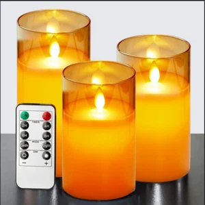 Candele LED, Vetro D'Oro Candele Led Fiamma Oscillante Set 3 (10Cm, 12.5Cm, 15Cm - Foto 1 di 12