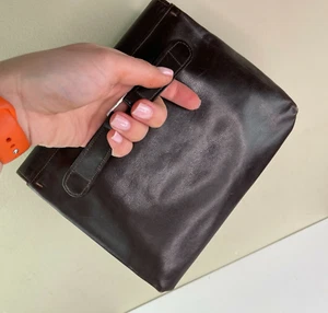 Vintage Brown Leather Snap Closure Clutch Back Handle VTG - Picture 1 of 10