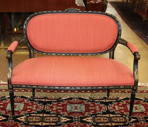 Ebonized Gilt Carved Louis XVI Style Salmon Pink Settee Loveseat Sofa Cover
