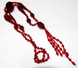 Stunning! ANTIQUE Vintage FACETED RUBY RED CRYSTAL Glass Bead Necklace ART DECO - Picture 1 of 6