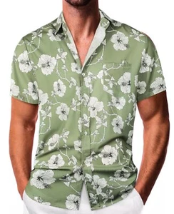 Mens Hawaiian Shirts Floral Button Down Tropical Holiday Beach Shirts Green F... - Picture 1 of 7