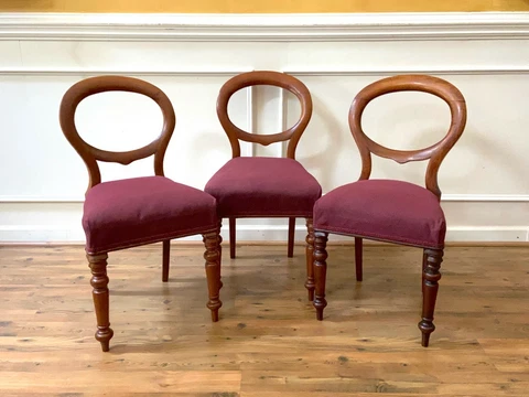 Antique English Victorian Mahogany Balloon Back Chairs. Set of 3 Cover
