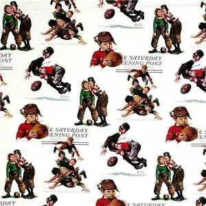 Saturday Evening Post Football Boys White 100% Cotton Fabric by The Yard - Picture 1 of 1
