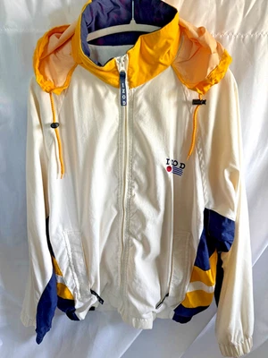 Chaqueta cortavientos IZOD vintage de los 90 para hombre grande cremallera completa golf preppy azul amarillo Foto 1 de 4