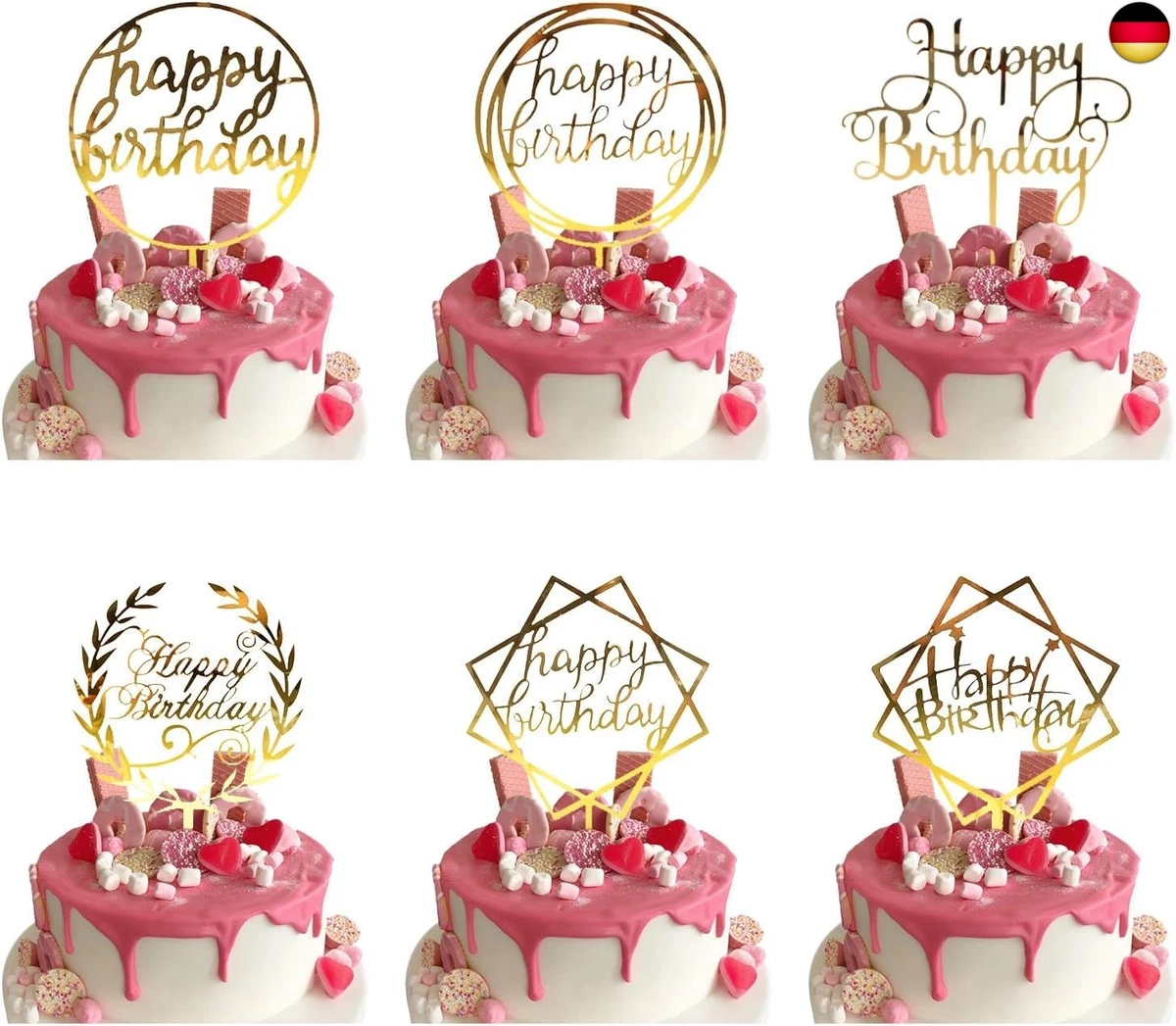 Kuchendekoration Happy Birthday – Glitzer-Karton Aufsatz Für Geburtstagskuchen (mit Holzstäbchen, Kein Montage Nötig)