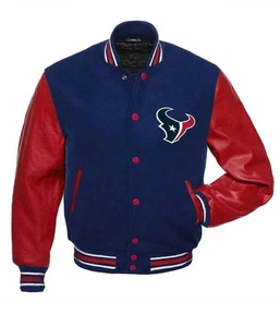 Houston Texans NFL Azul Marino Cuerpo Rojo Cuero Mangas Hombres Chaqueta Satinada Talla L - Imagen 1 de 5