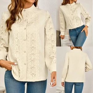 Women Button Turn-Down Collar Tops Lady Long Sleeve Casual Shirt Blouse Pullover - Picture 1 of 15