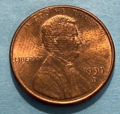 1990 D Lincoln Cent Struck Thru Cloth, Unc, FS-101, Dark Red Cameo, #L-033 - Image 1 of 2
