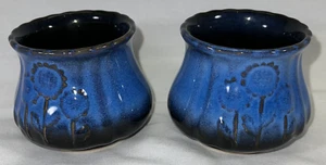 Vintage Handmade Pottery Flower Pots Planters Cobalt Blue Matching Set of 2 - Picture 1 of 10