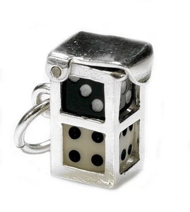 STERLING SILVER BLACK & WHITE DICE IN CASE CHARM - Picture 1 of 3