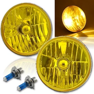 7" H6024/6014 Yellow Amber Crystal Glass Headlight H4 Halogen Fog Light Pair - Picture 1 of 10