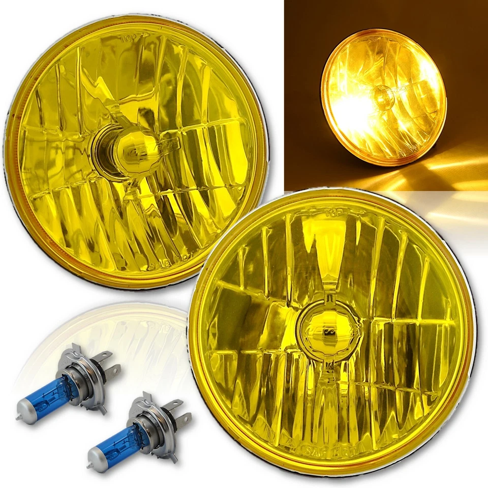 7" Halogen White LED Halo Angel Eyes Headlight Headlamp H4 Light Bulbs Pair 12v