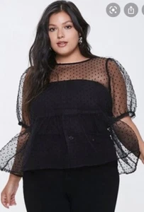 Forever 21 Black Plus Size 0X Clip Puff Dot Sleeve Shirt New With Tags - Picture 1 of 3