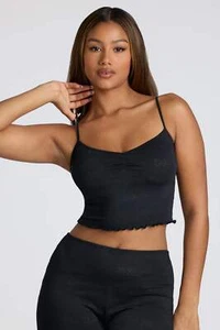 Oh Polly Top Mujer Negro Pijama Ropa de Salón Tirantes Corto Acanalado Pointelle Suave - Imagen 1 de 14