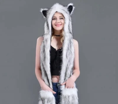 Sudadera con capucha para mujer Furry Spirit Animal cálida de piel sintética sombrero, bufanda, mitones con palanca Foto 1 de 4