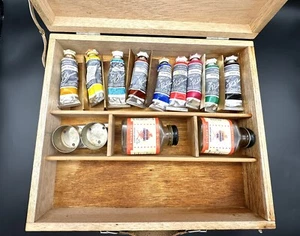 Vintage Wooden Artist Art Supply Painting Storage Case 13” X 11.75” X 2.5” - Picture 1 of 24