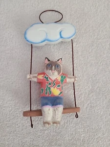 Folk Art Swinging Cat Hawaiin Shirt Christmas Ornament Carved Wood Indonesia  - Picture 1 of 8