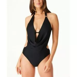 Bar III Solid Cowlneck One-Piece Swimsuit, Black, XS - Picture 1 of 2