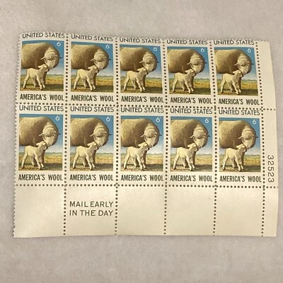 MINT Americas Wool United States Postage Stamps 10 Stamp Plate Block 6¢ MNH - Image 1 of 4
