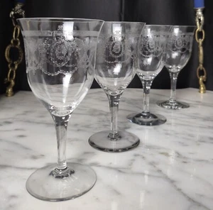 Set Four 9oz Wine Glass Goblets 6⅝ In Tall Etched Vintage Antique Rare - Picture 1 of 6