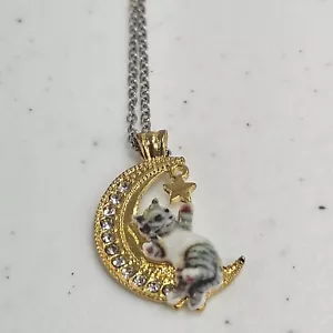 Damen Katze schläft auf goldfarben Geschenk Mond Anhänger Halskette Silber Kette Schmuck - Bild 1 von 24