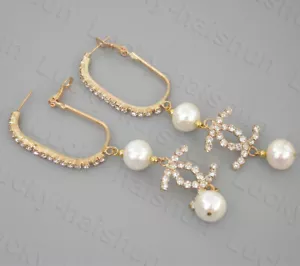 Dangle 3.5" 10mm round white freshwater pearls Earrings gold plated c1727 - Picture 1 of 3