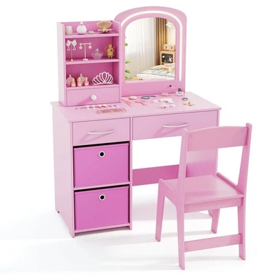 Juego de tocador para niños escritorio y silla de maquillaje princesa con espejo y luces estantes abiertos Foto 1 de 4