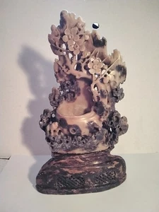 ANTIQUE CHINESE SOAPSTONE CARVED LARGE BRUSH POT FLOWERS & FROG - Picture 1 of 11