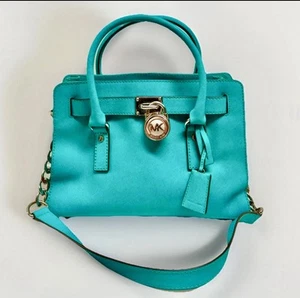 Michael Kors Leather Hamilton Tote, Rare Aqua Blue w/ Padlock Teal Handbag Purse - Picture 1 of 24