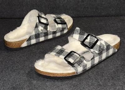 Sandalia Birkenstock Arizona genuina de piel de oveja a cuadros negra blanca talla 41 Foto 1 de 4